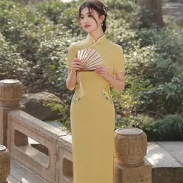 Ubranie etniczne Cheongsam sukienka nowoczesna 2023 chińska traci żółta satynowa cheongsams qipao vintage orientalne przyjęcie weselne sukienki dla kobiet