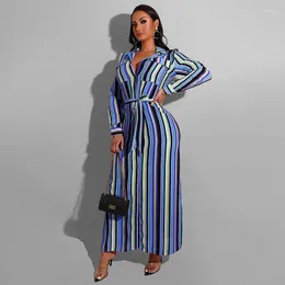 Casual Dresses DPSDE 2023 Autumn and Winter Long Sleeve Striped Cardigan Lapel Fashion Slim Fit Women Dress