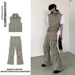 Herrespår Summer Casual Set Men Women Multi-Pocket Hooded Sleeveless Shirt Spring Loose Solid Color Cargo Pants Two Piece 2023