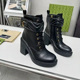 Damenstiefel Designer High Heels Stiefeletten Echte Schuhe Mode Winter Herbst Martin Cowboy Leder gesteppt Schnürschuh Winterschuh Gummiprofilsohle KIUYT00003