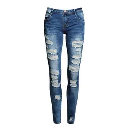 Nowe niebieskie dżinsy spodnie do pancylu Kobiety Wysokiej talii Szczupły dziura Zerwane jeansy dżinsowe dżinsy dżinsowe spodnie dla kobiet209w