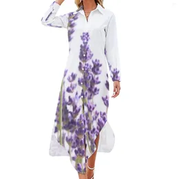Casual Dresses Purple Lavender Dress Vintage Spring Flowers Aesthetic Long Sleeve V Neck Custom Oversize Chiffon