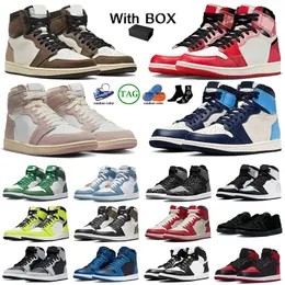 1s Tênis de basquete Jumpman 1 High OG Lost and Found Frament Cactus Jack Sapatos Spider-Verse Satin Criado Patent Starfish Dark Mocha Black Phantom Treinadores com caixa