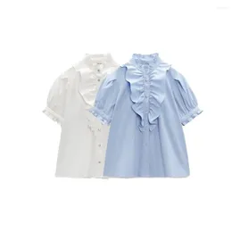 Women's Blouses 2023 Counter Quality Autumn Fashion Stand-up Collar Short-sleeved Side Single-row Cotton Texture Shirt