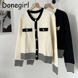 Maglia da donna T-shirt Donegirl Autunno Donna Elegante maglione lavorato a maglia a righe Cappotto Cardigan patchwork Semplice casual monopetto Top 230906