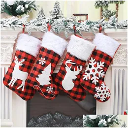 Christmas Decorations Plaid Print Stocking Socks Red Black Candy Gift Bags Xmas Tree Hanging Ornament New Year Decor Vt1727 Drop Deliv Dh2E6