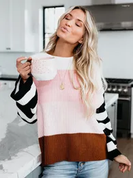 Women's Sweaters Fitshinling Patchwork Casual Pullovers For Women Clothing Autumn Winter Knit Jersey Striped Long Sleeve Top Jumper Pull
