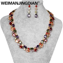 Wedding Jewelry Sets WEIMANJINGDIAN Brand Colorful Cubic Zirconia Crystal Mona Lisa Necklace Earring Luxury Wedding Bridal Jewelry Set Gold Plated 230906