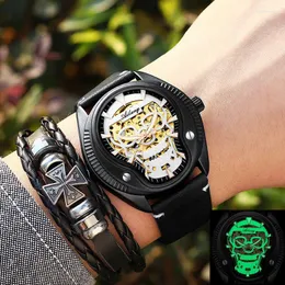 Armbandsur ailang varumärke mode cool svart skalle mekanisk klocka för män sport läder hd lysande automatiska skelettklockor män