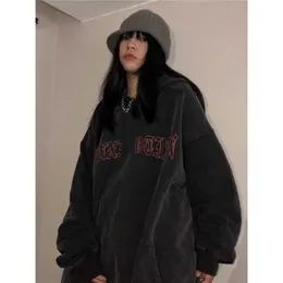 Deeptown Kpop Hippie Grunge Fire Black Hoodie 여성 고딕 어두운 편지 오버 사이즈 스웨트 셔츠 레트로 스트리트웨어 긴 소매 탑