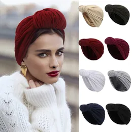 Breda breim hattar hink kvinnor stretchy turban cap muslim fasta färg beanies hatt lady jersey vridna kors femme huvud wraps 230907