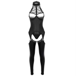 3 pçs feminino aberto virilha lingerie conjunto halter pescoço busto sutiã crotchless couro patente erótico sexy terno cosplay bodysuit outfit sutiãs s281z