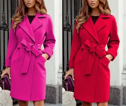 Womens Wool Blends Autumn and Winter Womens Fashionable Slim Fit Temperament Woolen Coat Suit Collar Belt Slim Tie Longsleved Woolen Coat 230906