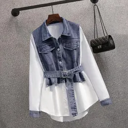 Bluzki damskie koreańskie wysokiej jakości dżinsowe splicowane pojedyncze piersi koszula odzieżowa średnia długość kołnierzyka koronkowa dziob jesienna zima