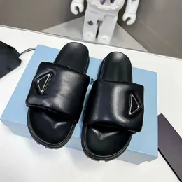 soft nappa leather slippers slides Summer Sandals slip on triangle logo flats shoes women's luxury designer prad factory footwear