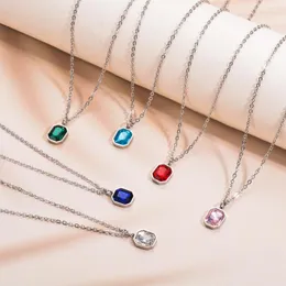 Pendant Necklaces 1Pc Stainless Steel Colorful Crystal Square Necklace For Women Girls Fashion Jewelry Gift Chain Length 45cm 5cm Extender
