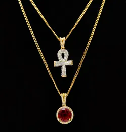 Ankh egípcio chave da vida bling strass cruz pingente com redondo vermelho rubi pingentes colares conjunto masculino hip hop jóias8674680
