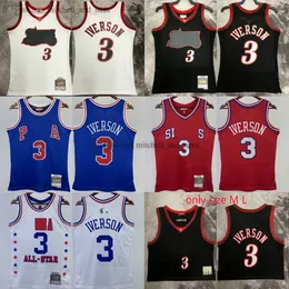 Basılı Mitchell ve Ness 3 Allen Iverson Jersey 1997-98 Basketbol 2003 All-Star Beyaz Siyah Mavi Kırmızı 1996-97 Formalar Kız Kadın Adam Klasik Klasik Nefes Alabilir Spor Gömlek