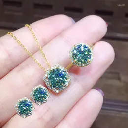 Necklace Earrings Set Luxury Green Blue Artificial Moissanite Diamond For Women Wedding Gold Color Rings Stud Pendant Necklaces
