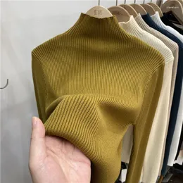 Suéteres para mujer, suéter de cuello alto para mujer, Tops elásticos a la moda, jerseys de punto de Color caramelo, parte inferior de manga larga