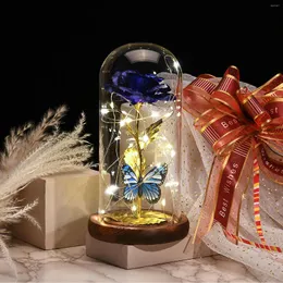 Decorative Flowers LED Luminous Gold Foil Flower Butterfly In A Glass Dome String Light Solid Wood Base Valentine'S Gift Xmas Wedding Decor