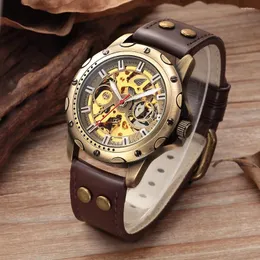 腕時計2023 Shenhua Watch Men's Sports Watches Leather Vintage Bronze Automatic Mechanical Skeleton Mens reoj hombre