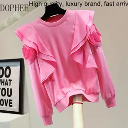 Hoodies femininos costura longa plissado manga moletom 2023 outono solto o-pescoço feminino pullovers topo cor sólida casual rosa algodão