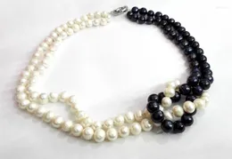 Chaînes femmes bijoux classiques 9-10mm blanc noir perle 2 brins collier véritable eau douce naturelle 18 '' 45 cm