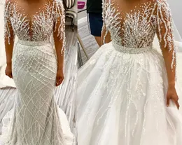 2024 MORNED MORDEN African Wedding Dress Odnotowany pociąg Illusion Szyja długie rękawy ciężkie koraliki ręczne cekiny panny młodej sukienki vestidos de novia