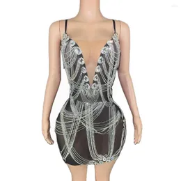 Stage Wear Sexy Sparkly Rhinestones Chains Mesh See Through Short Dress Women Deep V Neck Celebrate Birthday Evening Po Shoot