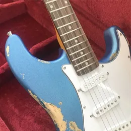 2023高品質のメタリックブルーヘビーレリックビンテージスタイルの手作りエレキギター00