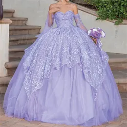 Lila glänsande prinsessa älskling quinceanera klänning applique spets tyll off-shoulder prom klänningar bollklänning för kvinnor vestidos de 15