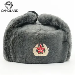 Beanieskull Capsソビエト陸軍軍事バッジロシアUshanka Bomber Hats Pilot Trapper Trooper Hat Winter Faux Rabbit Fur Earflap Men Snow 230907