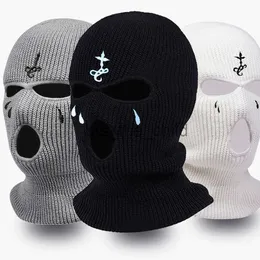 Beanie/Totenkopfkappen Winter-Sturmhaube, 3-Loch-Strick-Vollgesichtsabdeckung, Ski-Halsmanschette, warme Strickmütze für Outdoor-Sportarten, Kreuzstickerei, Ski-Maske x0907