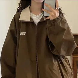 Deeptown Harajuku Vintage Brown Cargo Bomber Jackets女性Y2Kストリートウェア90年代パッチワーク野球ジャケット韓国の特大のジップコート