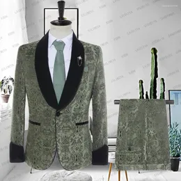 Men's Suits 2023 Luxury Blazer Costume Stage Jacket Suit Male Velvet Black Shawl Lapel Light Green Thread Embroi 2Pieces Trouse