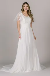 2023 NYA BOHO LACE CHIFFON Modest Wedding Dresses With Flutter Sleeves A-Line Böhmen Brudklänningar Custom Made LDS Brudklänning