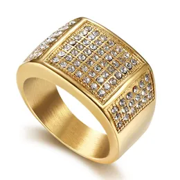Anello solitario in acciaio inossidabile 316L CZ Grande anello per uomo Colore oro Ghiacciato Fascino Anello quadrato Raffreddare gioielli Hip Hop Per i regali Drop 230907