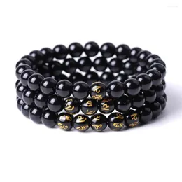 Filo 8mm Perline nere luminose Timbro in oro Parole di Buddha Bracciale da uomo Donna Om Mani Padme Hum Braccialetti Gioielli Stringa a mano