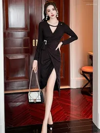 Casual Kleider 2023 Frühling Mode Promi Stil Chic Sexy Frauen Schwarz Kleid Wrap Unregelmäßige Bandage Slim Robe Party Urlaub straße