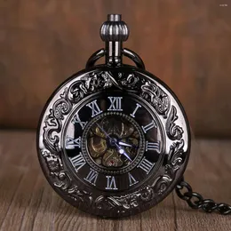 Pocket Watches Black Roman Numerals Mechanical Watch Men Women Hollow Case Steampunk Vintage Pendant Necklace Gifts For