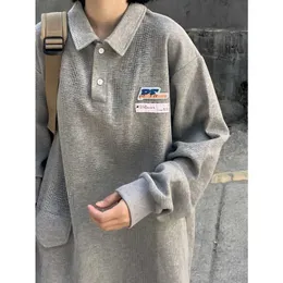 Deeptown Preppy Style Grey Sweatshirt Women Harajuku Vintage Polo Långärmad tshirt överdimensionerad koreanska streetwear kpop toppar kvinna