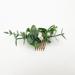 Decorative Flowers Handmade Eucalyptus Pearl Boho Bridal Comb Greenery Hair Clip Artificial Leaves Bridesmaid Wedding Decor Party Supplies