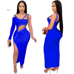 Casual Dresses Sexy Lady Sling Slash-Neck One-Shoulder Vestidos Hollow Out Metal Buckle Side Split Party Club Bandage Bodycon Dress 2023