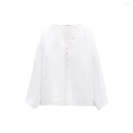 Women's Blouses Zach AiIsa High Quality Summer Temperament Simple Pure Linen Long Sleeve V-neck Button Decoration Loose Casual Shirt