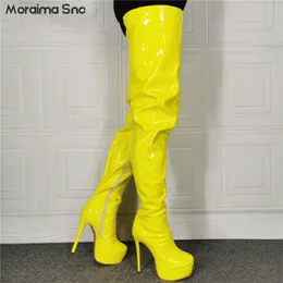 Boots Yellow Patent Leather Platform Simple Design Stiletto Sexig över knäet Plus Size Sidan Sidan blixtlås lår 230907