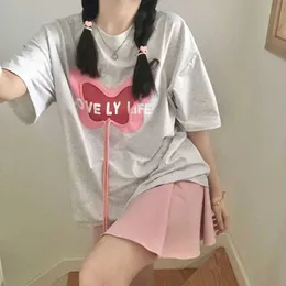 Deeptown Korean Fashion Letter Grey T-shirts Women Preppy Style Kawaii Oversize Lace Up Short Sleeve Top Female Cute Casual Tee