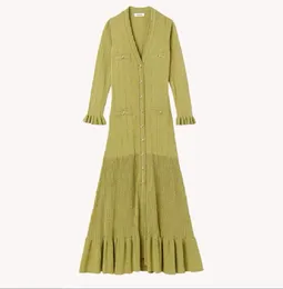 23 Spring, Summer, and Autumn New S-sandro French Lazy Stripe Knitted Dress V-Neck Ruffle Edge Slim Fit Knitted Long Dress Grass green