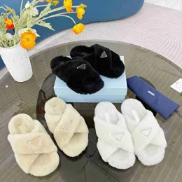 Women warm Slippers Enameled triangles sandal Luxury woman shoes Wool slides Crossover Furry slide with original shoe bag winter plush womens sandals