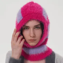 Bérets rayés femmes tricoté chapeau cagoule chapeaux d'hiver Y2K casquettes à capuche en plein air plus chaud cordon une pièce col bonnets